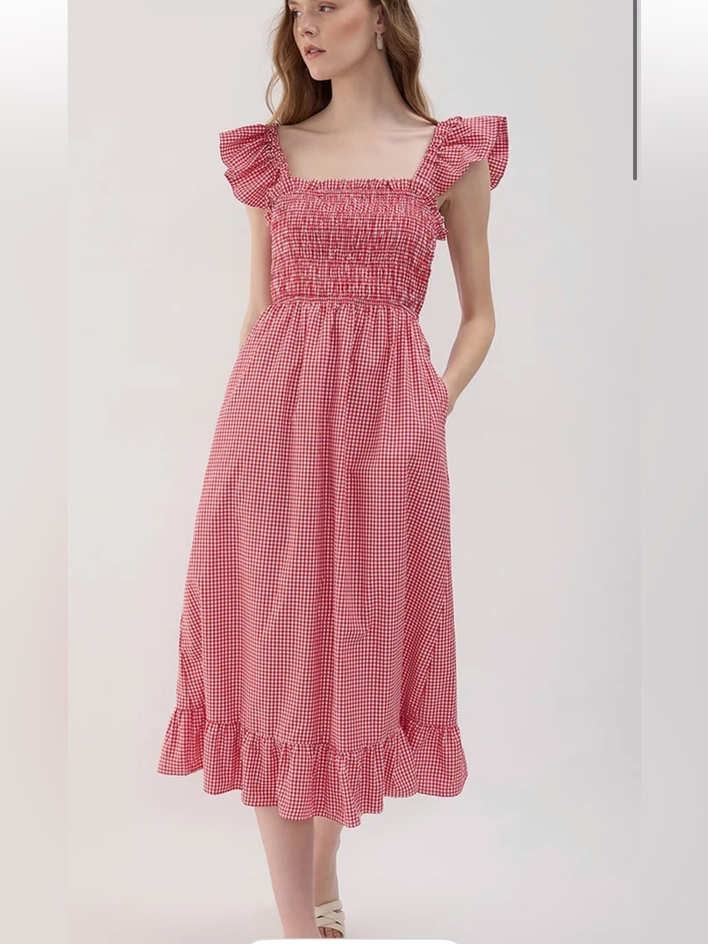 Like New Sim & Sam 
Red Gingham Smocked Midi Dress with Ruffle Sleeves
